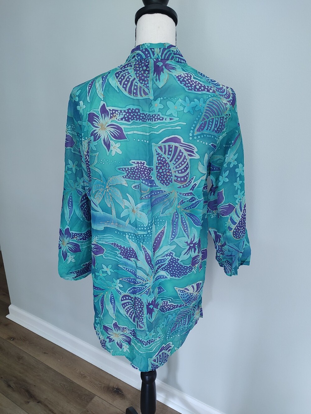 Boo Gems Tunic Top Green Purple Gold Floral Cotton Silk V-Neck Size L - Picture 3 of 12